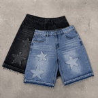 Streetwear Washed Distressed Star Appliqué Denim Jorts