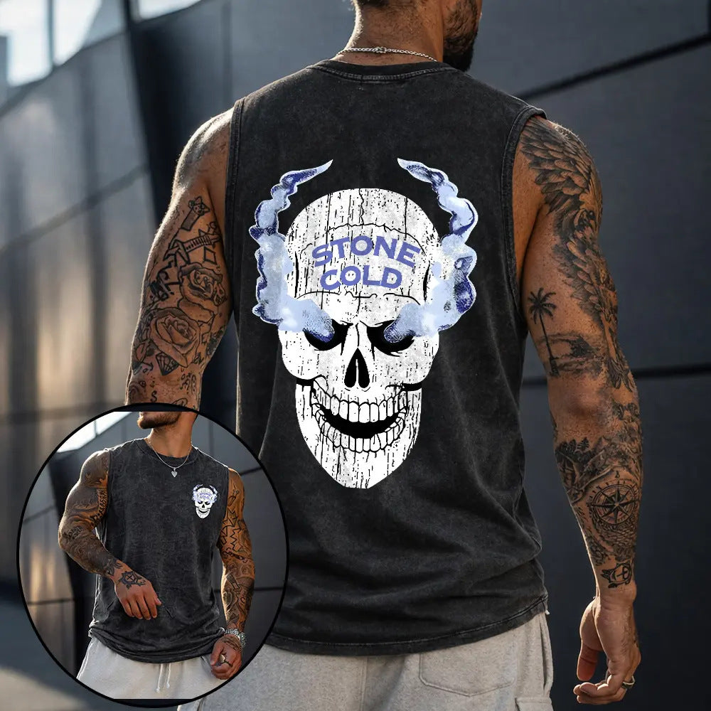 Men's Retro Skull Pattern Acid Washed Sports Vest