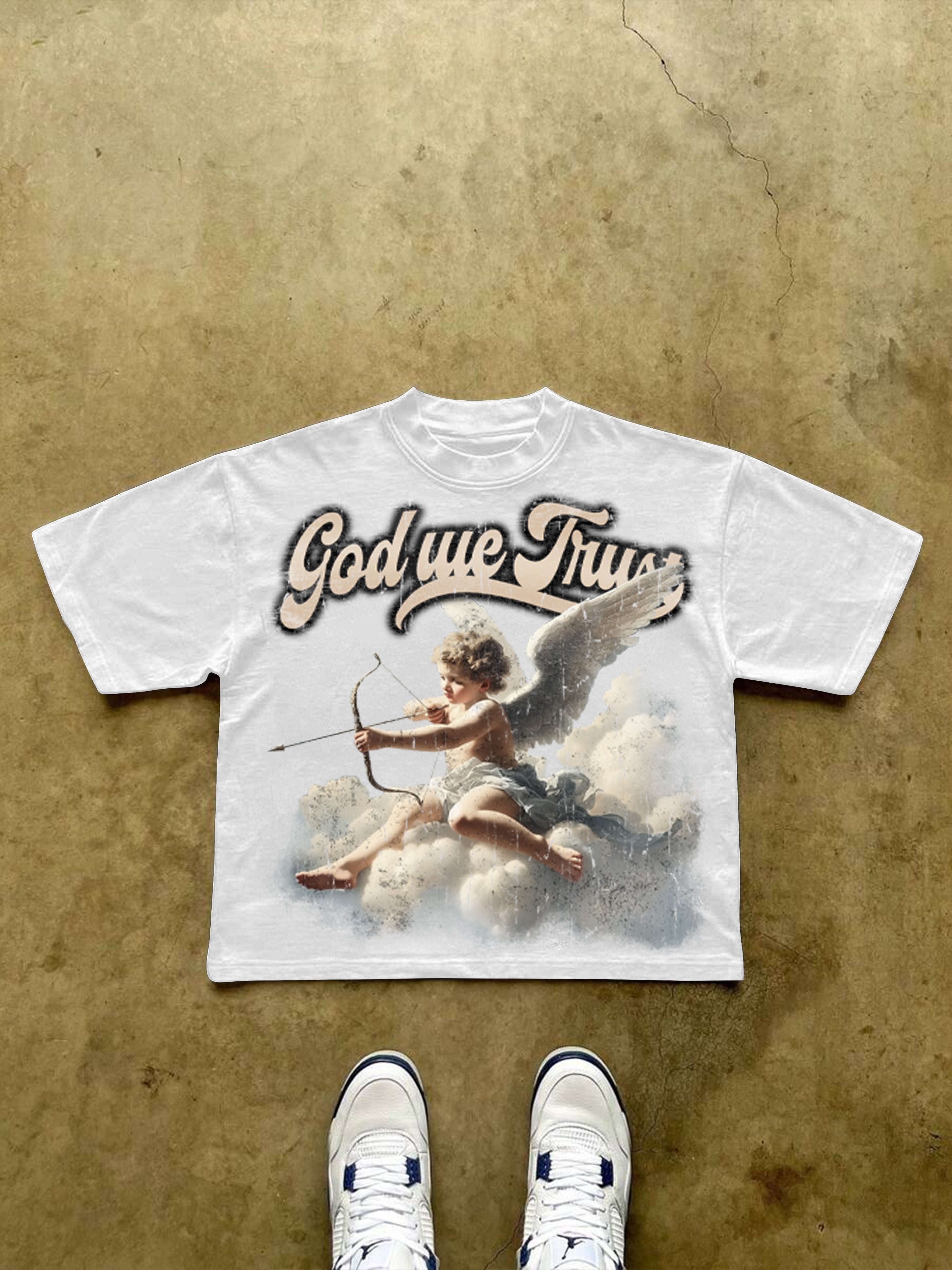God We Trust Cupid Angel Aged Vintage Graphic Cropped T-shirt