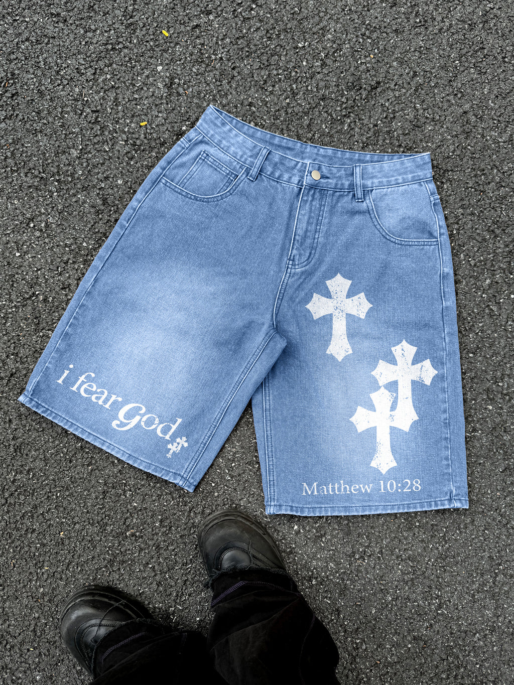 I Fear God Matthew 10:28 Cross Graphic Denim Shorts