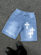 I Fear God Matthew 10:28 Cross Graphic Denim Shorts