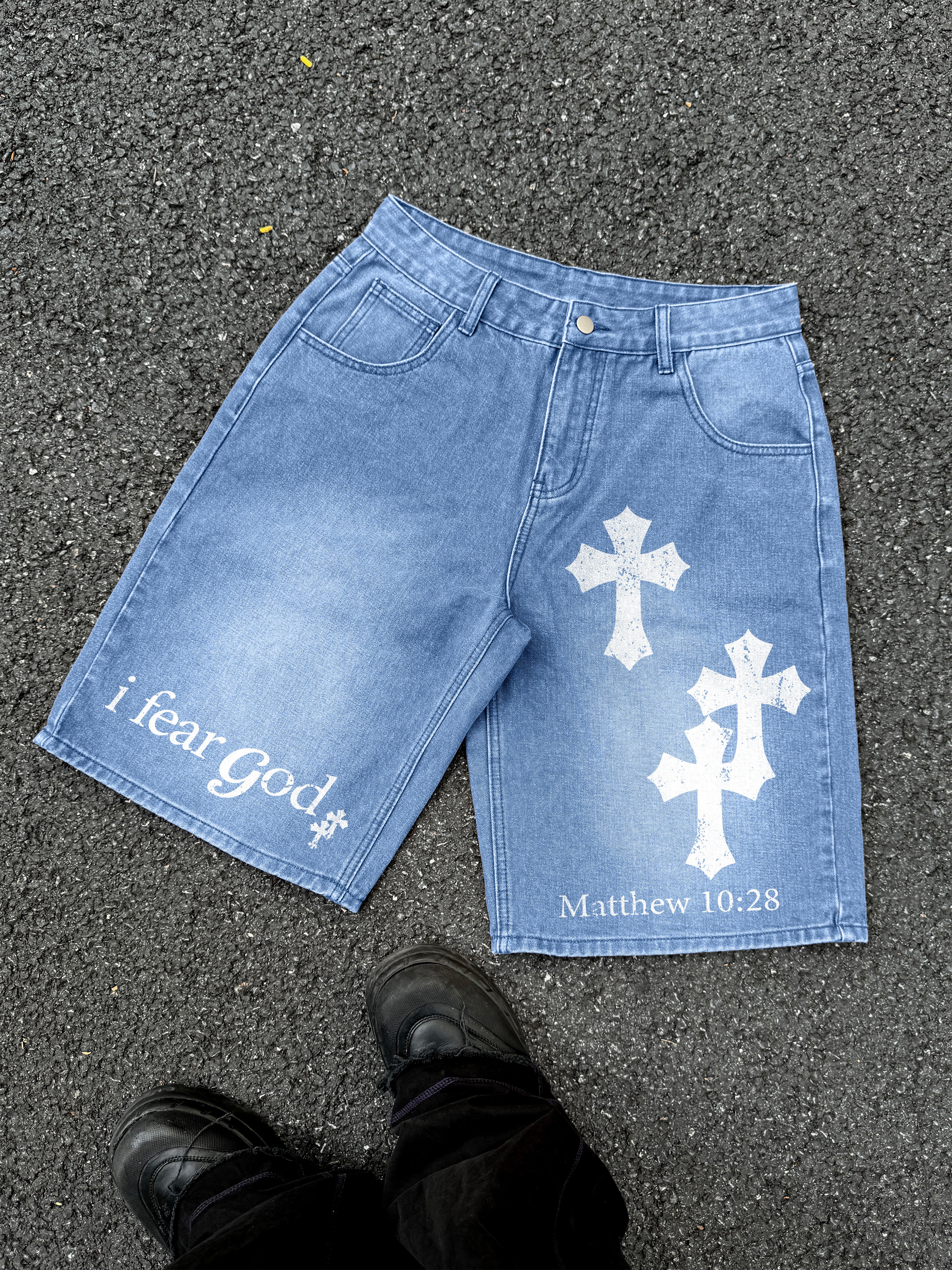 I Fear God Matthew 10:28 Cross Graphic Denim Shorts