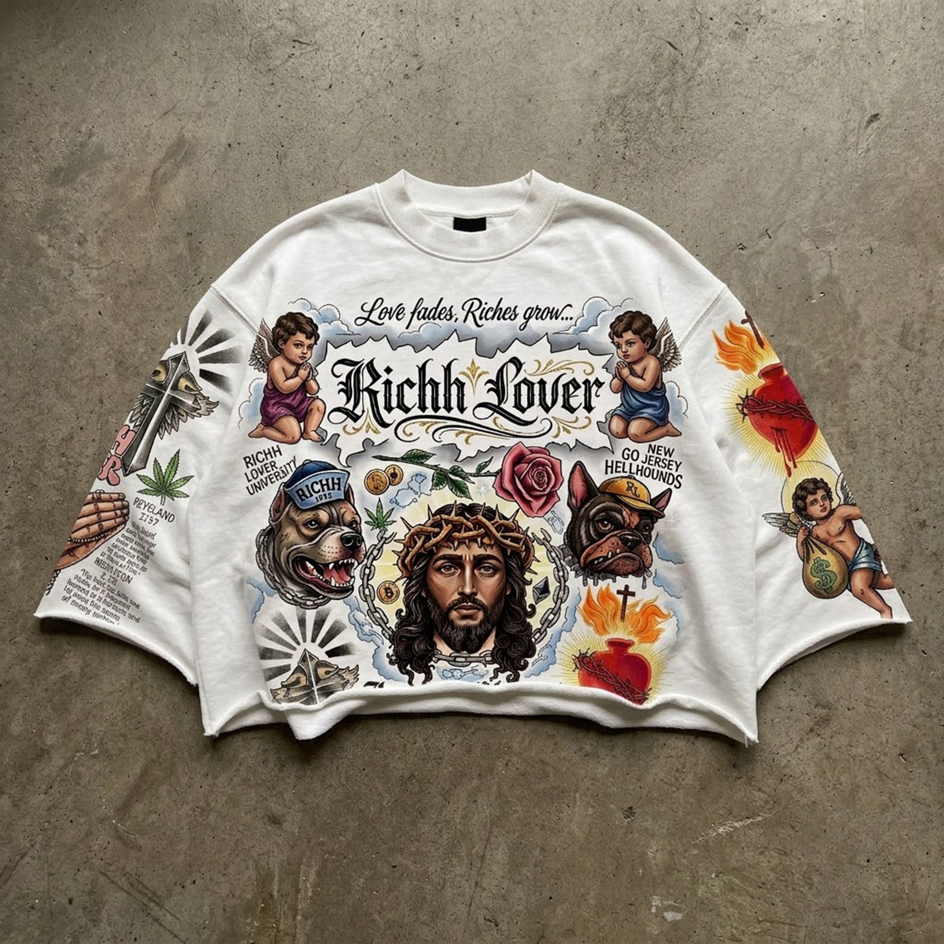 Black Jesus Hellhound Angel Rose Graphic Boxy Crop Crimped Edge T-shirt