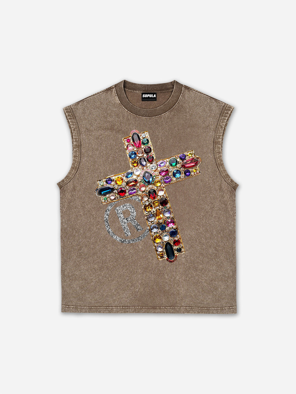 Diamond Cross Graphic Casual Acid Washed Tank Top