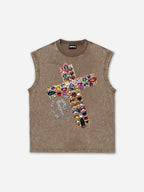 Diamond Cross Graphic Casual Acid Washed Tank Top