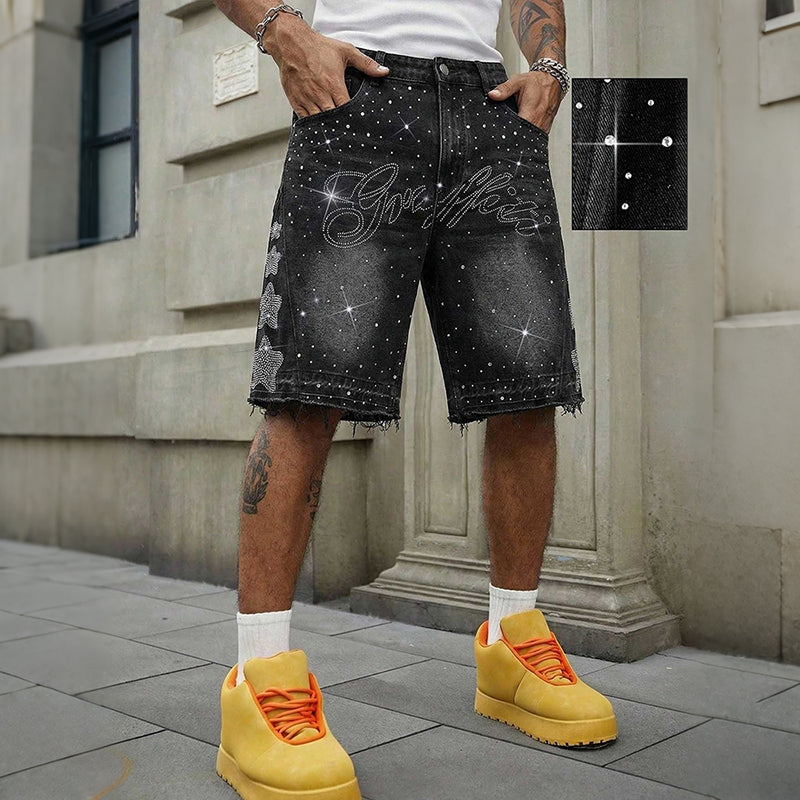 Vintage Y2k Trendy Star Letter Rhinestone Loose Denim Shorts