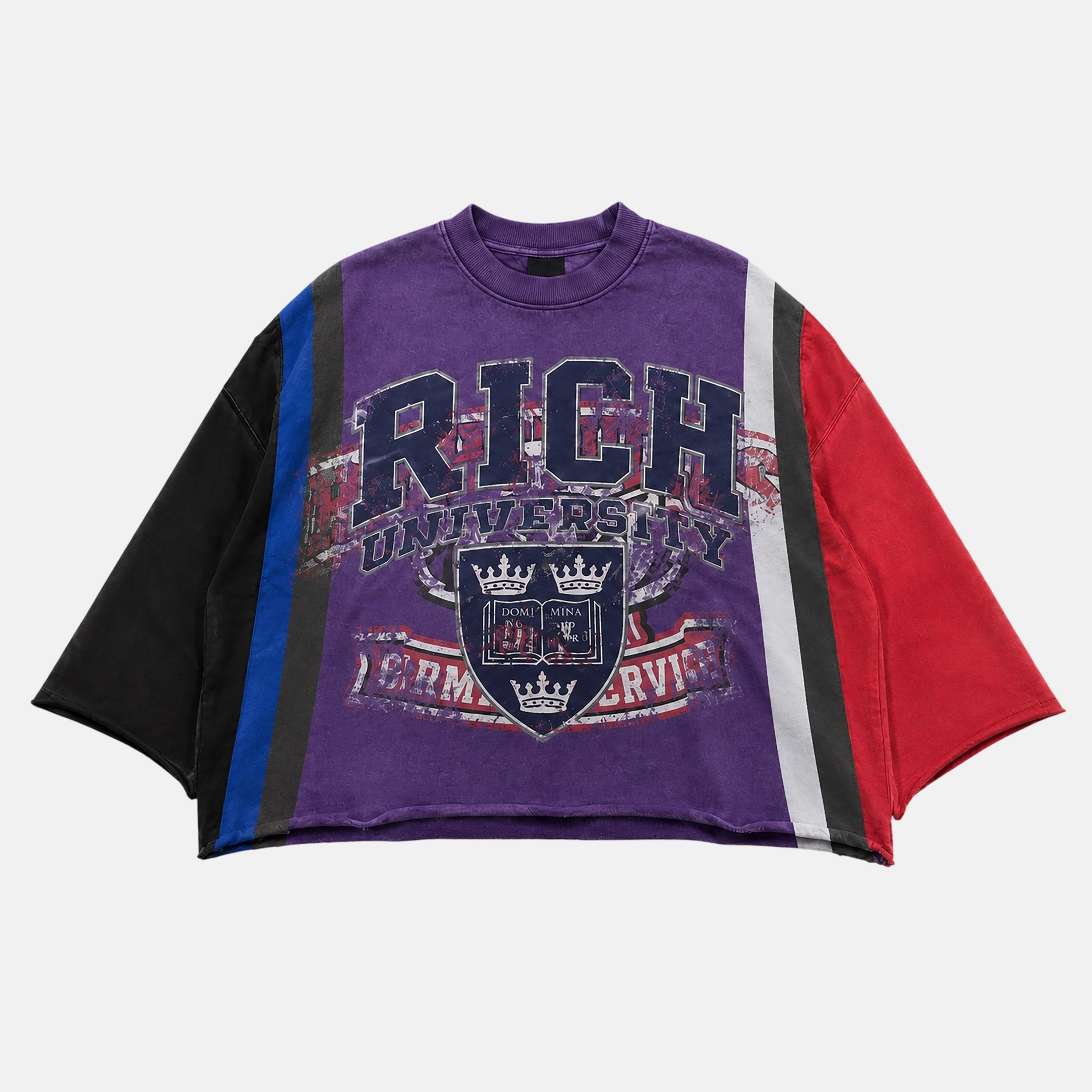 Rich University Color Blocking Vintage Graphic Boxy Crop Crimped Edge T-shirt