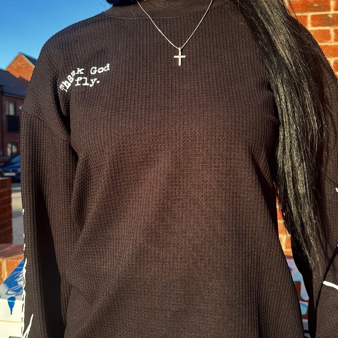 Thank God Y2k Saint Letter Print Waffle Knit Long-sleeve T-shirt