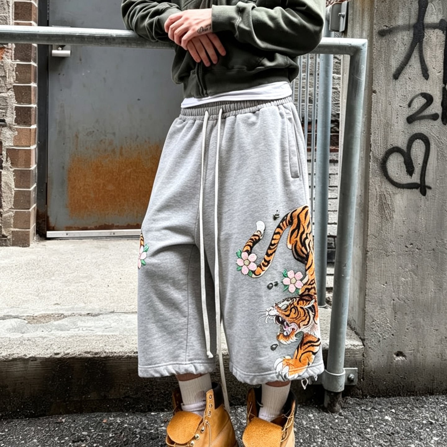 Retro Japanese Style Tiger Print Drawstring Loose Sweatpants