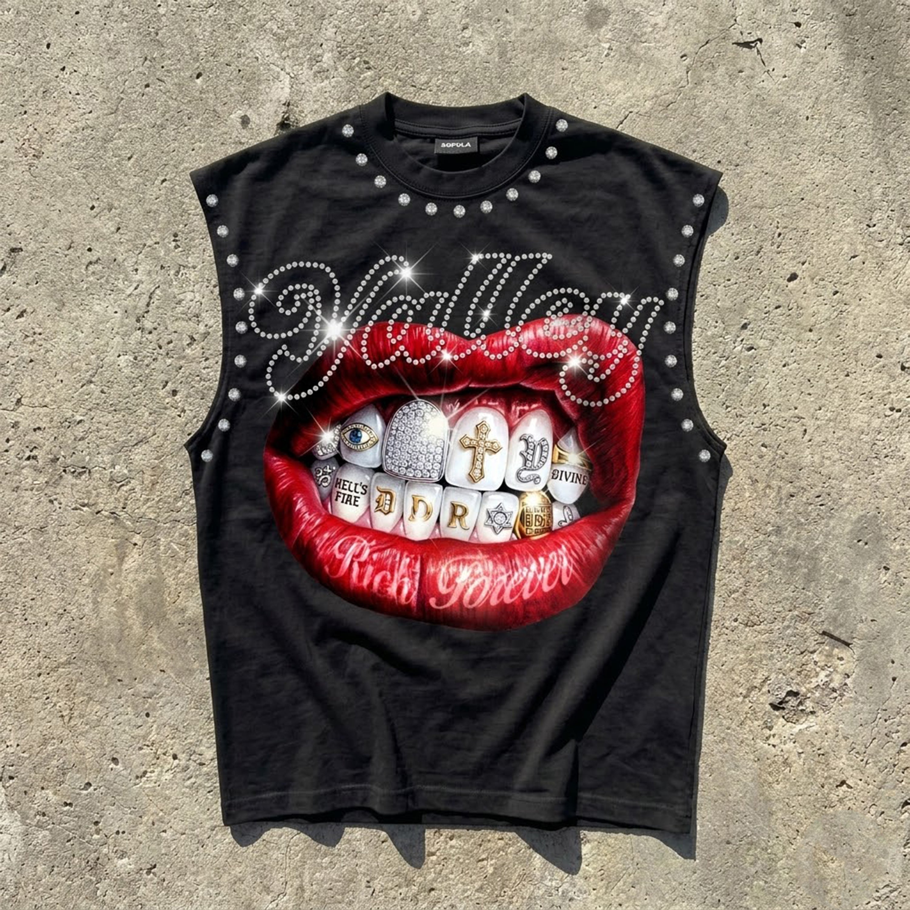 Valley Rhinestone-embellished Rich Forever Red Lips Tank Top