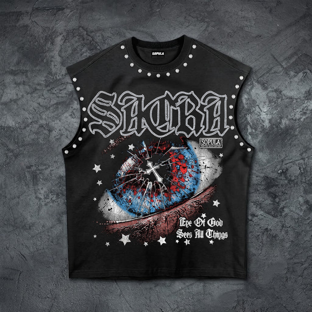 Eye Of God Graphic Tank Top & Washed Cross Appliqué Denim Shorts Set