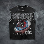 Eye Of God Graphic Tank Top & Washed Cross Appliqué Denim Shorts Set