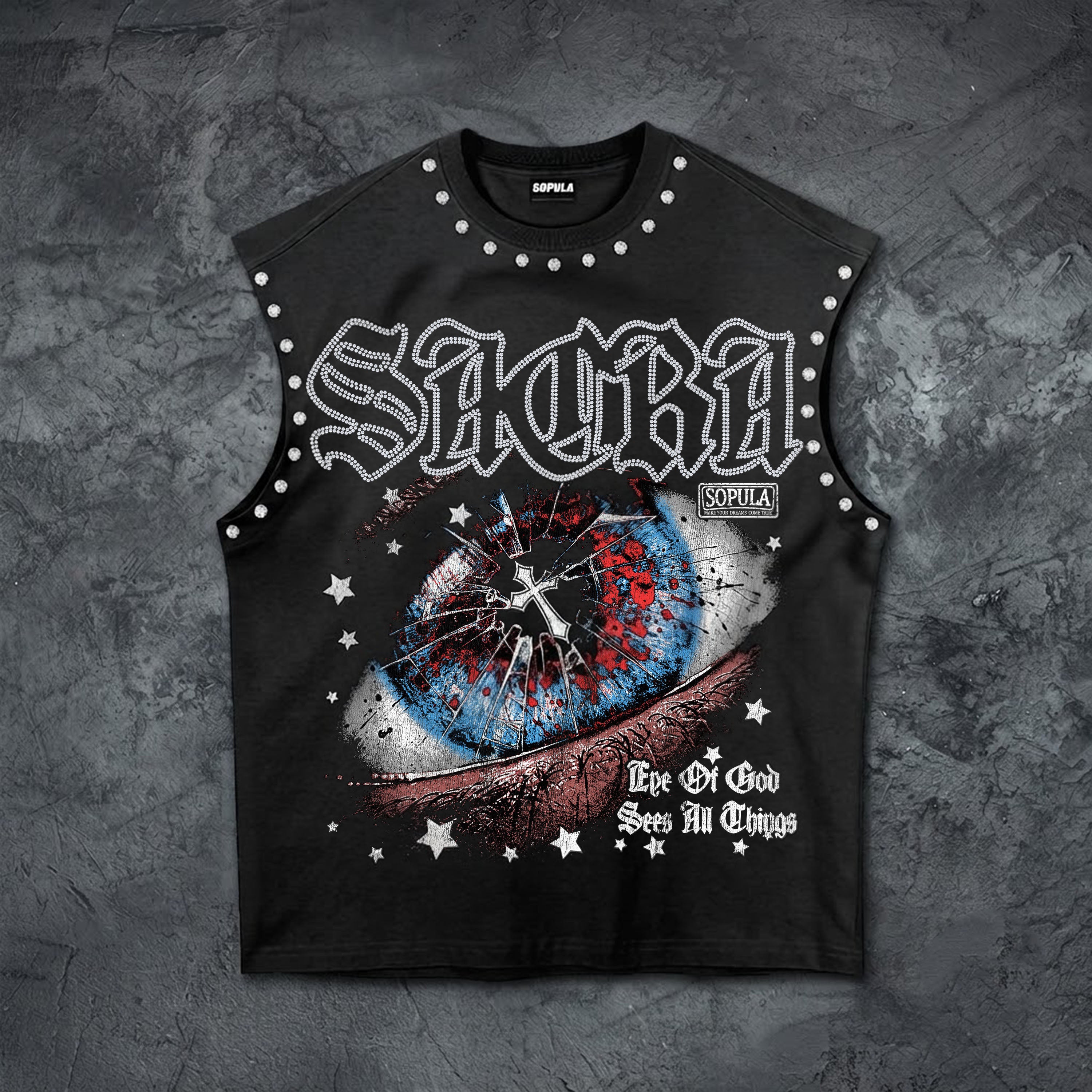 Eye Of God Graphic Tank Top & Washed Cross Appliqué Denim Shorts Set
