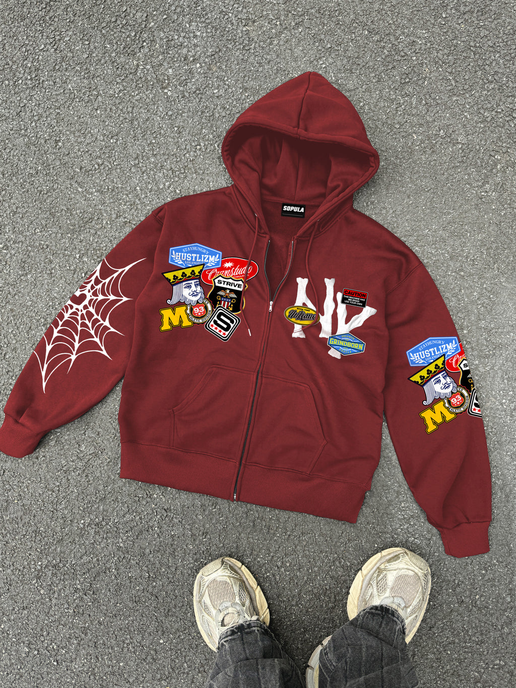 Street Ny Vintage Badge Spider Web Graphic Zip-up Hoodie