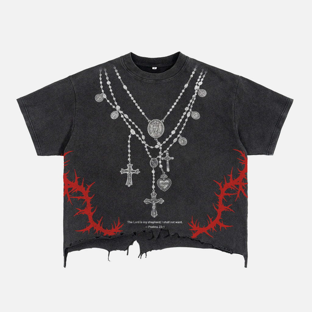 Y2k Layered Cross Rosary Necklace Print Graphic Crop Ripped T-shirt