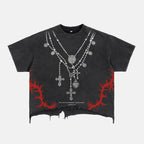 Y2k Layered Cross Rosary Necklace Print Graphic Crop Ripped T-shirt