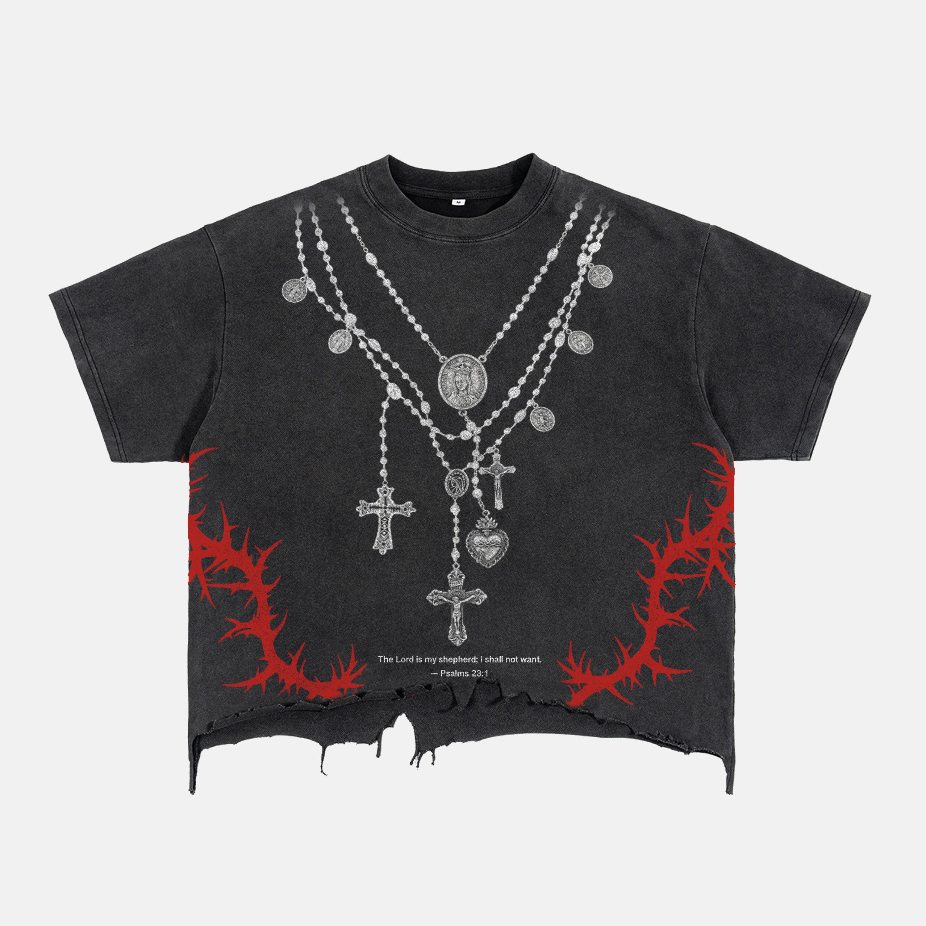 Y2k Layered Cross Rosary Necklace Print Graphic Crop Ripped T-shirt