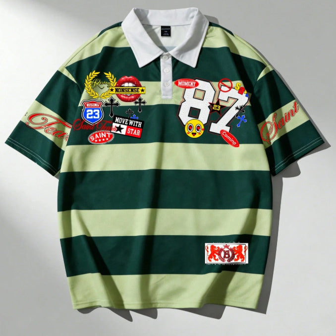 Casual Street Style Striped Polo Collar Long-sleeved T-shirt
