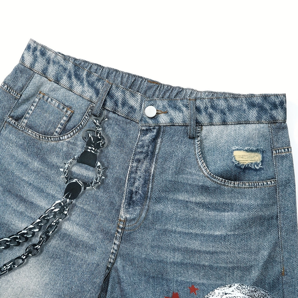 Men's Wide-leg Jeans With Star Chain Print