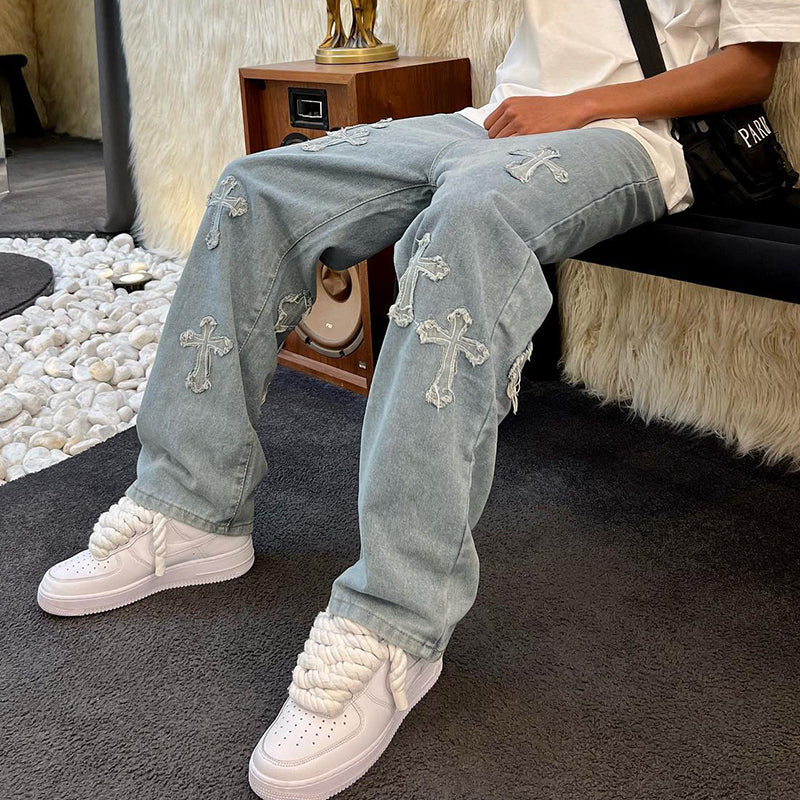 Denim Embroidery Cross Patch Street Jeans