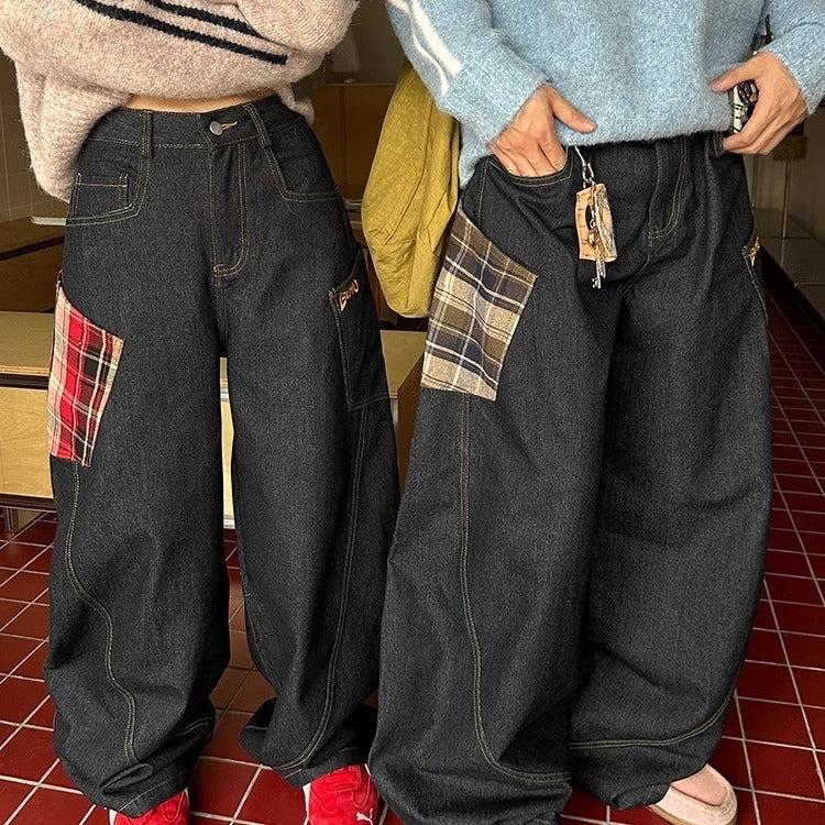 Men's Fashionable Plaid Patchwork Curved Jeans