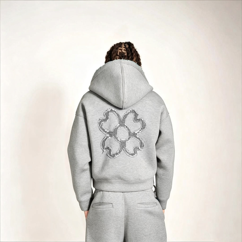 Stylish Four-leaf Clover Embroidered Zip-up Sweatshirt And Sweatpants Set