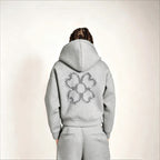 Stylish Four-leaf Clover Embroidered Zip-up Sweatshirt And Sweatpants Set