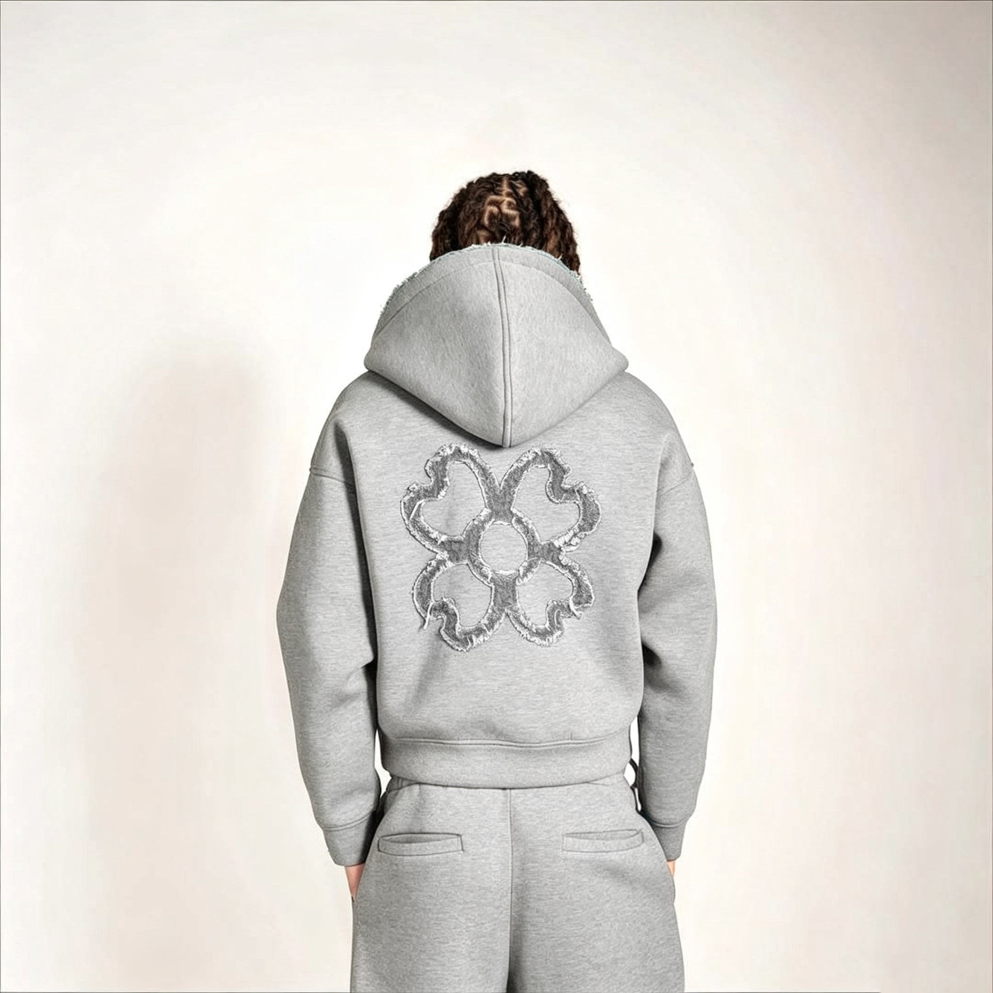 Stylish Four-leaf Clover Embroidered Zip-up Sweatshirt And Sweatpants Set