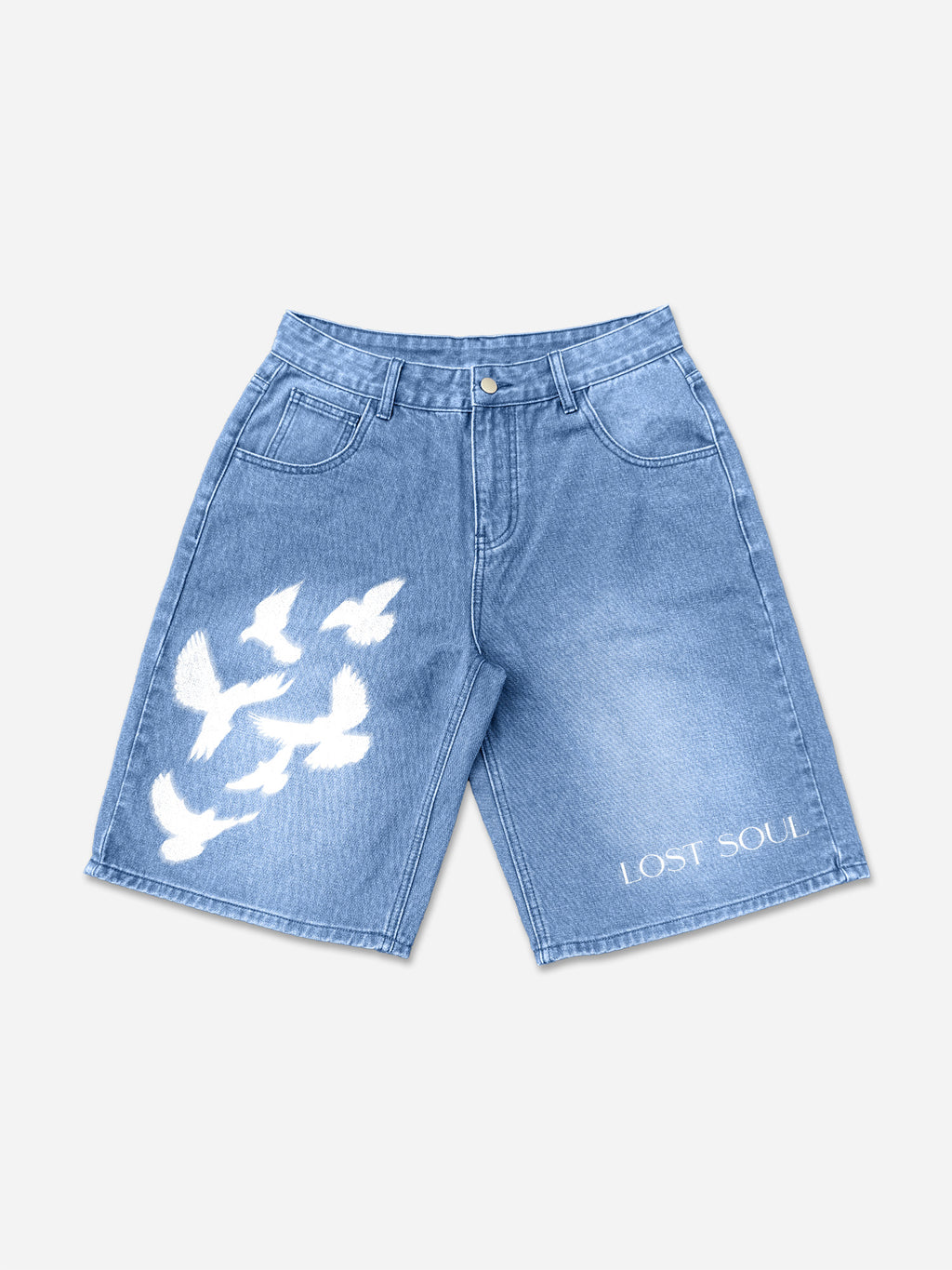 Lost Souls Pigeon Print Graphic Denim Shorts