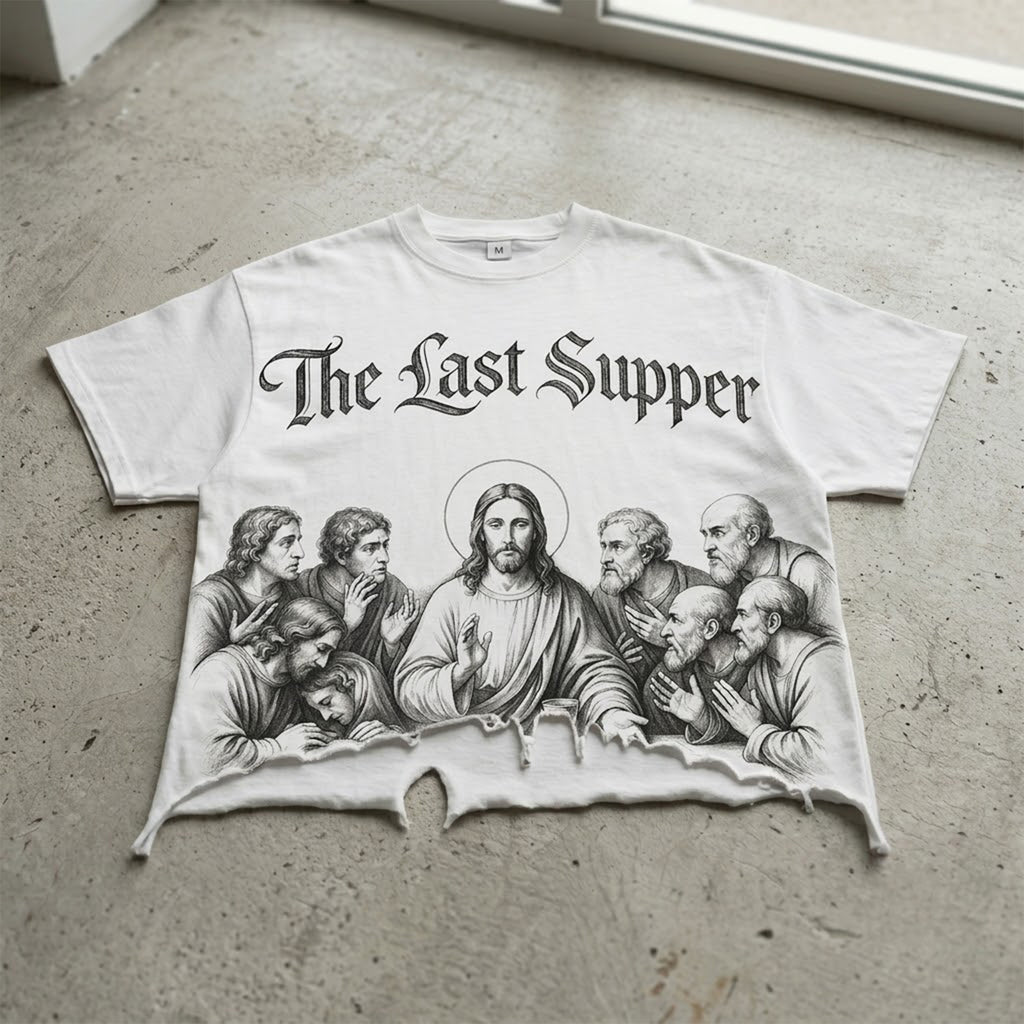 Retro Sketch Of Jesus At The Last Supper Graphic Crop Ripped T-shirt