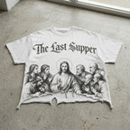 Retro Sketch Of Jesus At The Last Supper Graphic Crop Ripped T-shirt