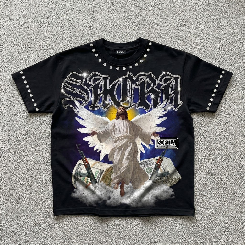 Sacra Retro God Violence And Wealth Graphic T-shirt
