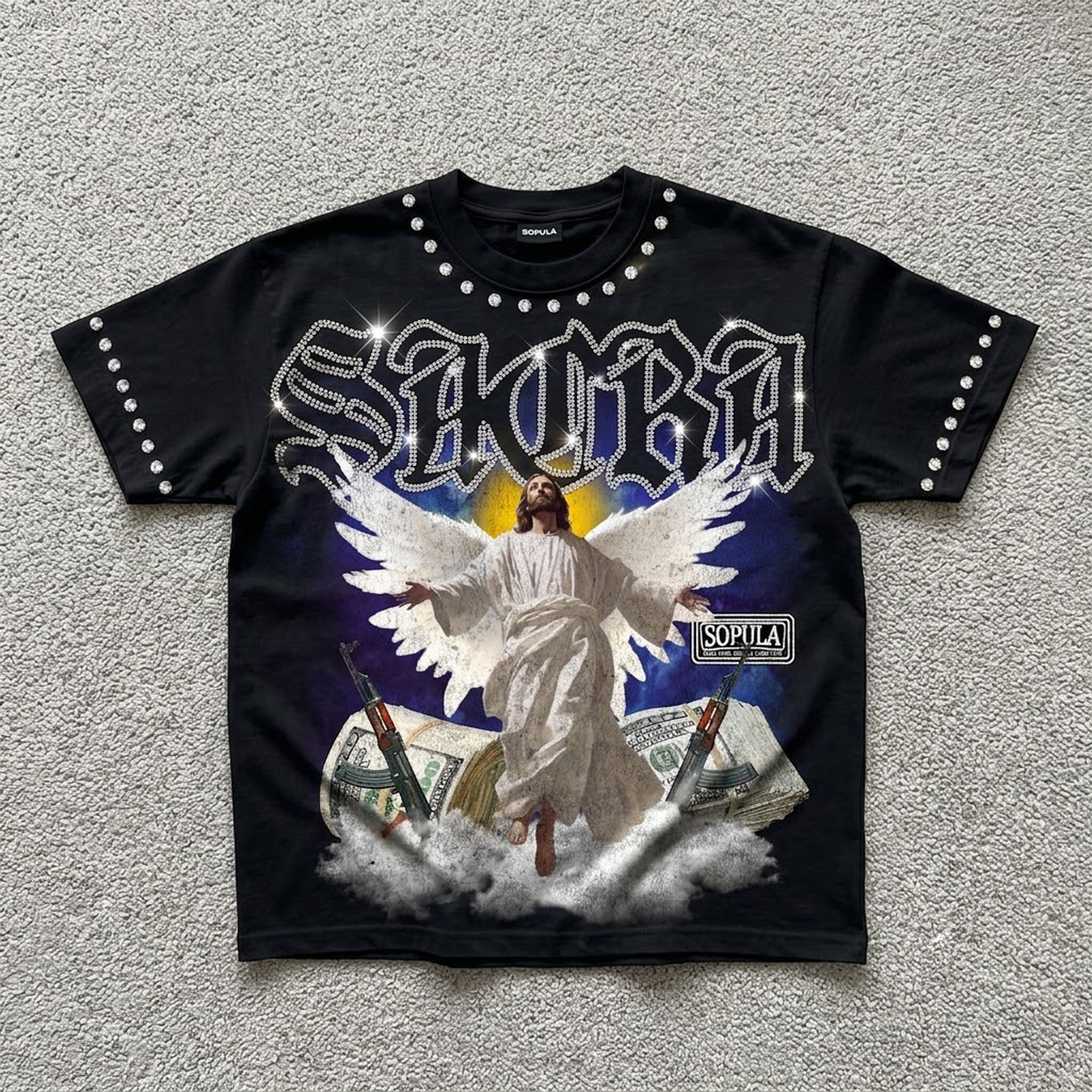 Sacra Retro God Violence And Wealth Graphic T-shirt