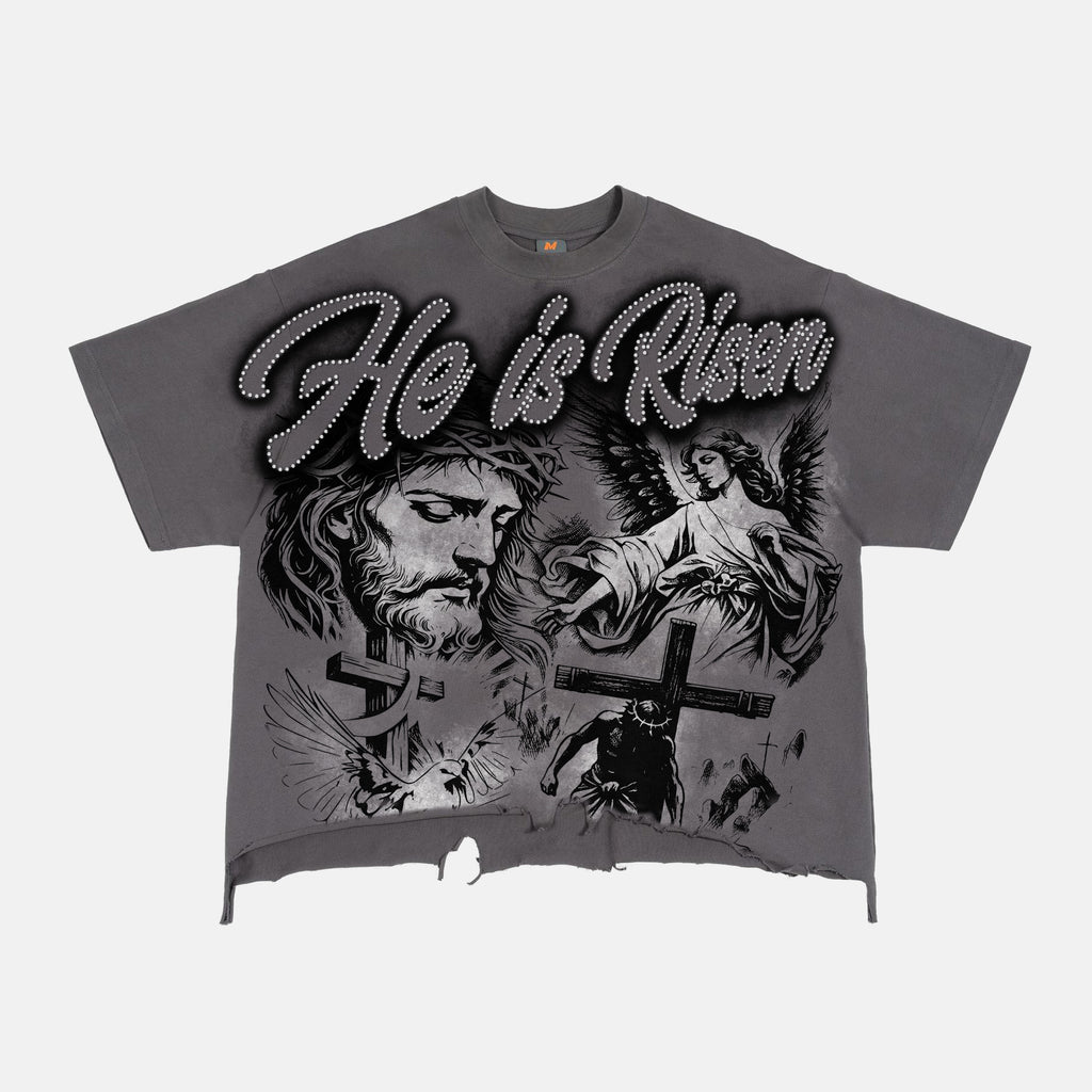 He Is Risen Vintage Jesus Graphic Crop Ripped T-shirt