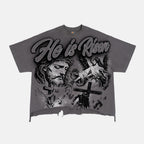 He Is Risen Vintage Jesus Graphic Crop Ripped T-shirt