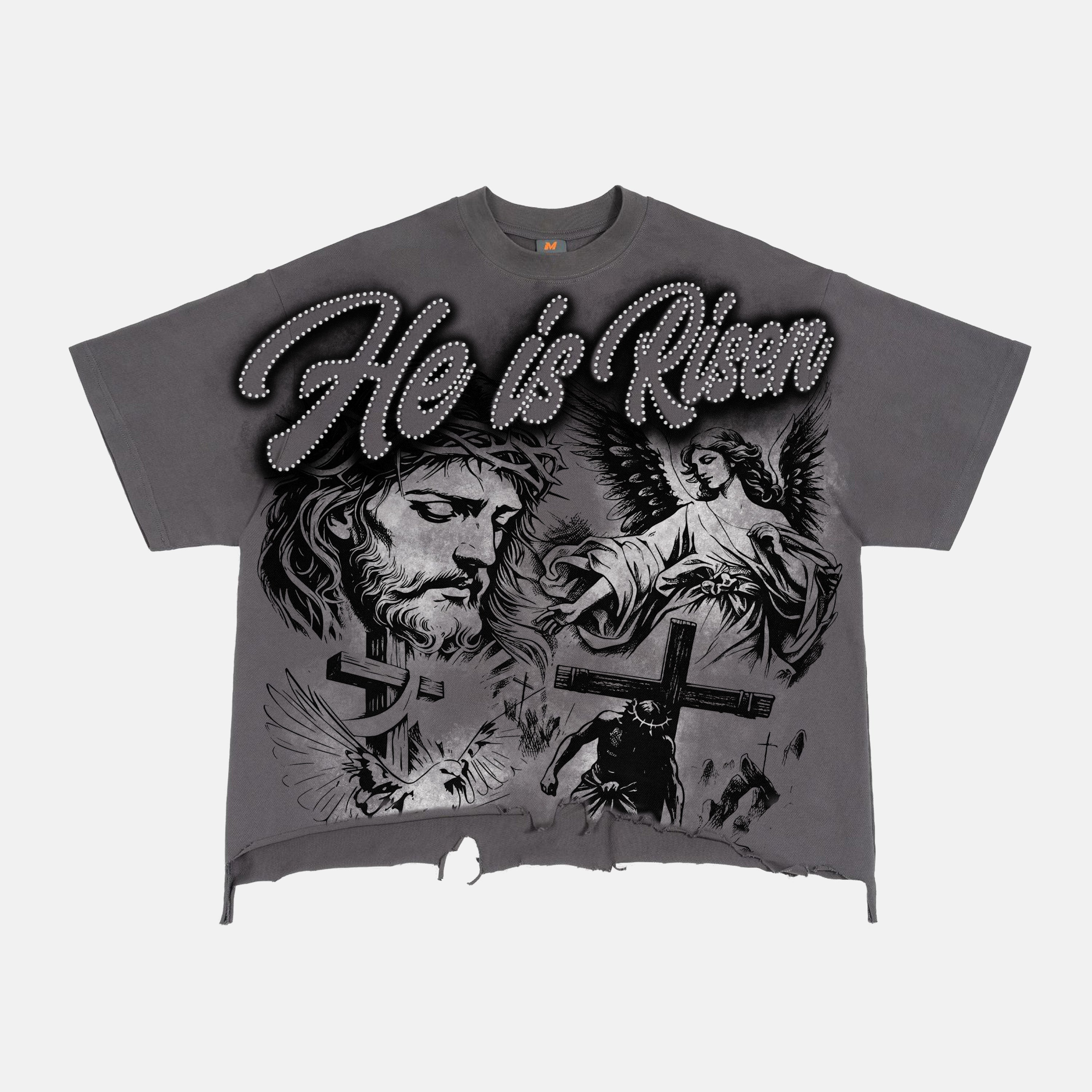 He Is Risen Vintage Jesus Graphic Crop Ripped T-shirt