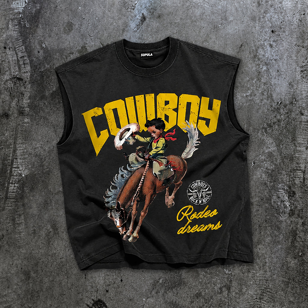 Cowboy Rodeo Dreams Tank Top & Letter Embroidered Denim Shorts Set