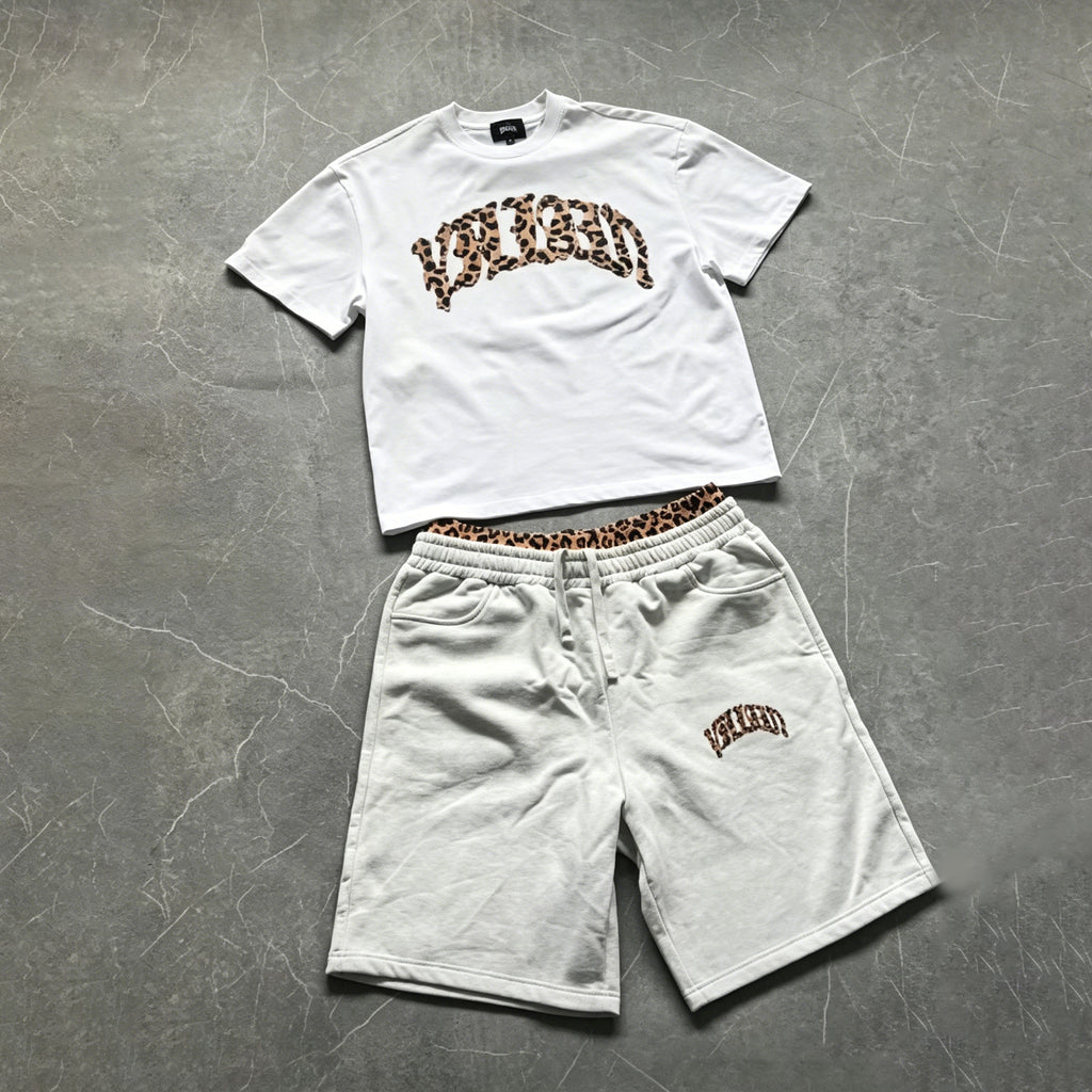 Fashion Leopard Print Letter Embroidered T-shirt And Shorts Two-piece Set