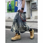 Hip-hop Washed Flame Pattern Loose Denim Shorts