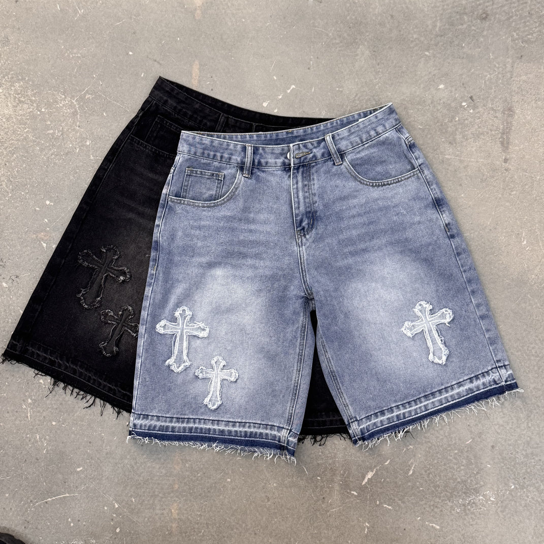 High-street Embroidery Cross Washed Denim Shorts
