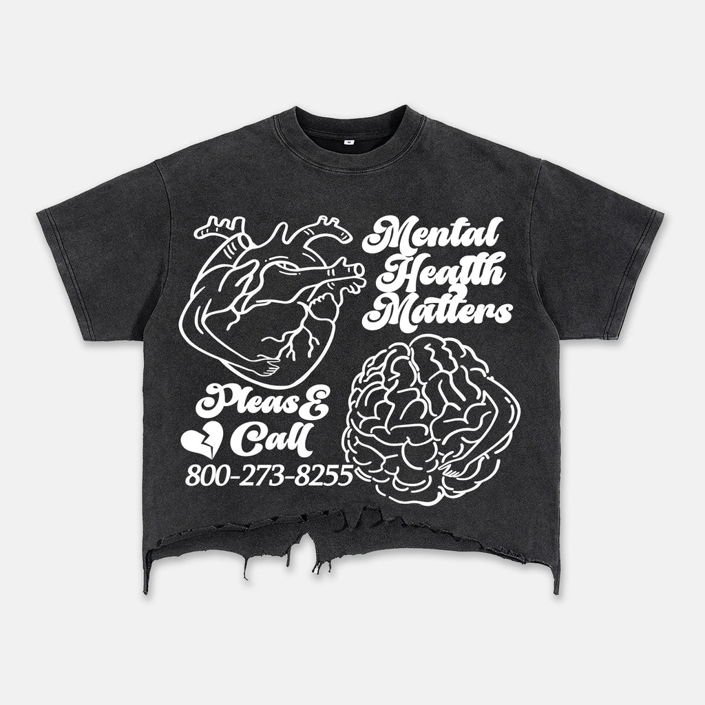 Mental Health Matters Brain Heart Graphic Ripped T-shirt