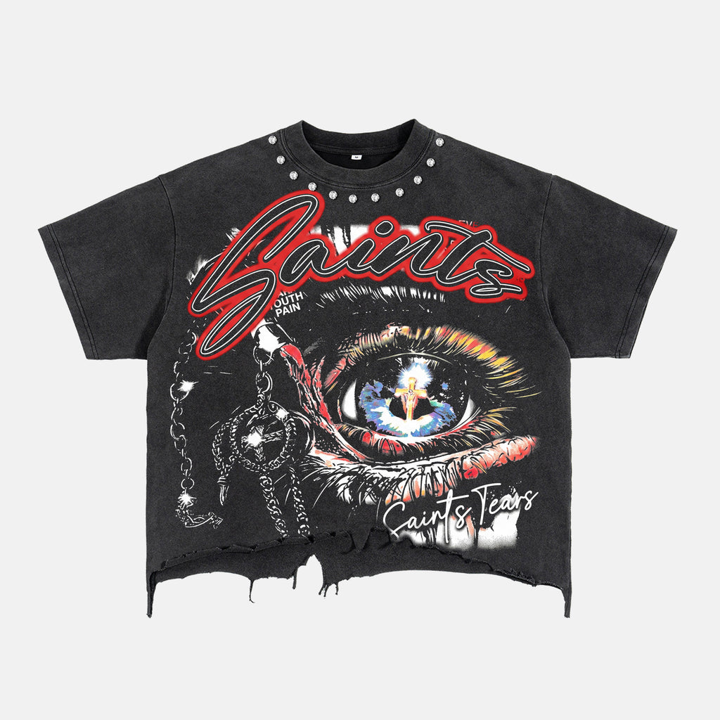 Saints Tears Retro Eye Graphic Crop Ripped T-shirt