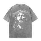 Jesus With Crown Of Thorns Graphic Acid Washed T-shirt