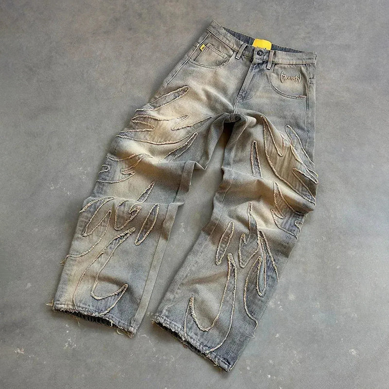 Unisex Flame AppliquÉ Wide-leg Baggy Jeans