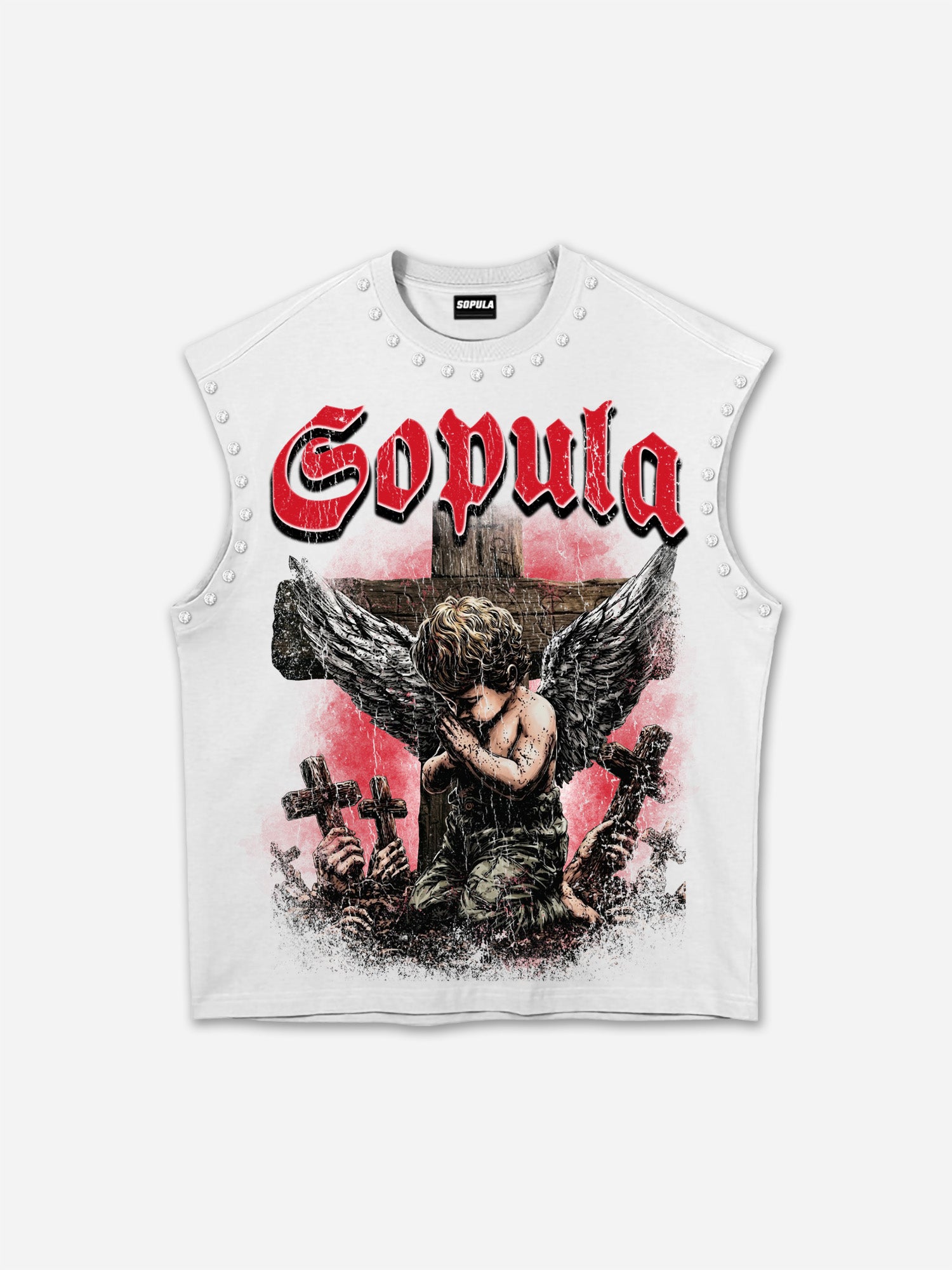 Angels Praying In Hell Vintage Graphic Rhinestone Tank Top