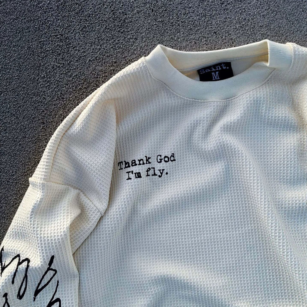 Thank God Y2k Saint Letter Print Waffle Knit Long-sleeve T-shirt