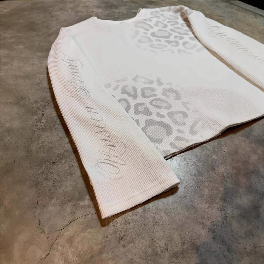Leopard Print Letter Waffle Print Long-sleeved T-shirt