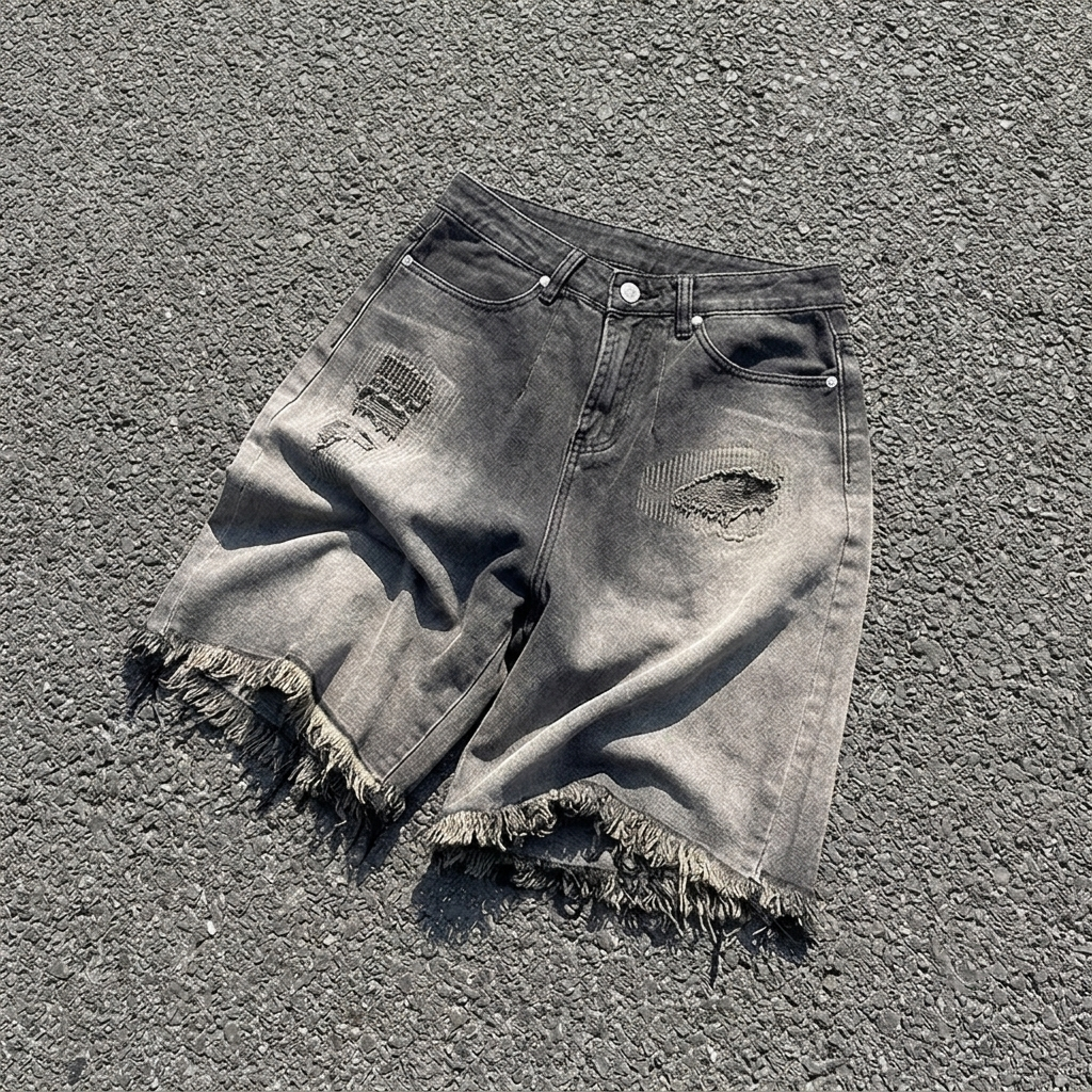 Retro Washed Gradient Ripped Loose Denim Shorts