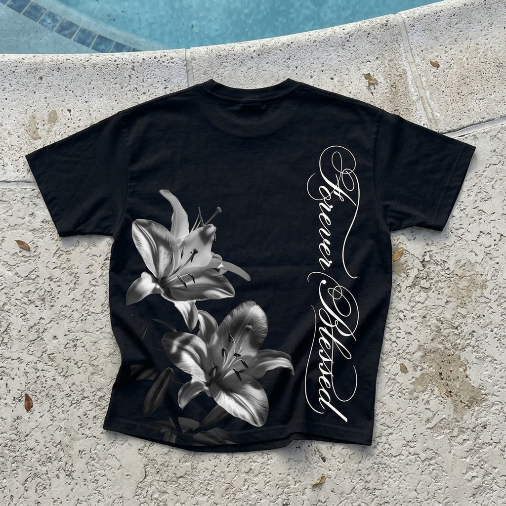 Frever Blessed Floral And Calligraphic Graphic Cotton T-shirt