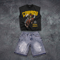 Cowboy Rodeo Dreams Tank Top & Letter Embroidered Denim Shorts Set